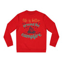 Red eco-friendly campfire sweatshirt featuring the phrase life is better around the campfire