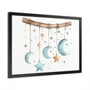 Eco-friendly celestial wall art poster by Printify featuring hanging moons and stars in soft colors