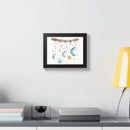 Framed eco-friendly celestial wall art poster featuring hanging moons and stars above a desk