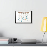 Printify eco-friendly celestial wall art poster with hanging moons and stars in a modern room