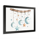 Printify eco-friendly celestial wall art poster featuring hanging moons and stars with wooden branch frame