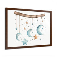 Printify eco-friendly celestial wall art poster featuring hanging moons and stars with a wooden frame
