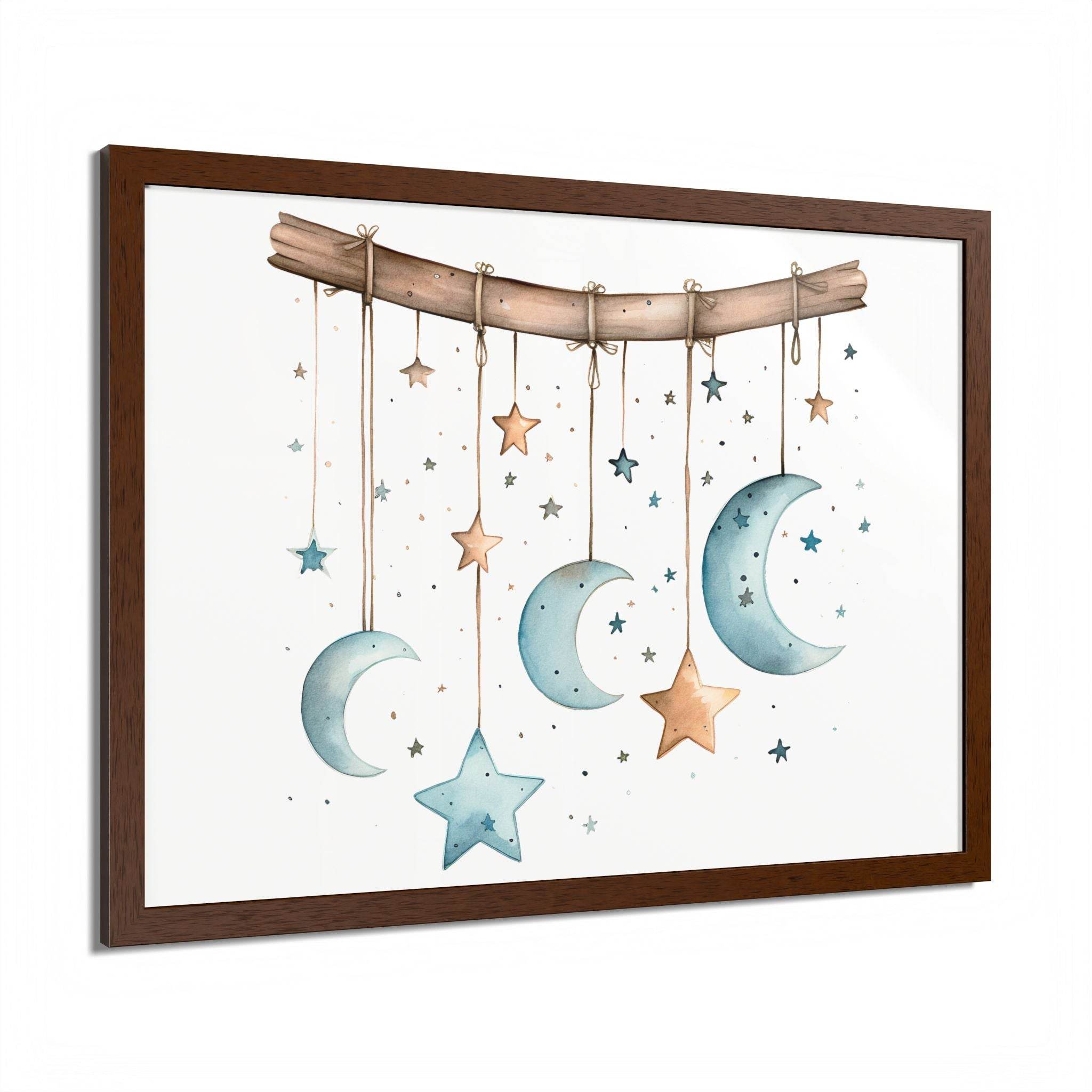 Printify eco-friendly celestial wall art poster featuring hanging moons and stars with a wooden frame