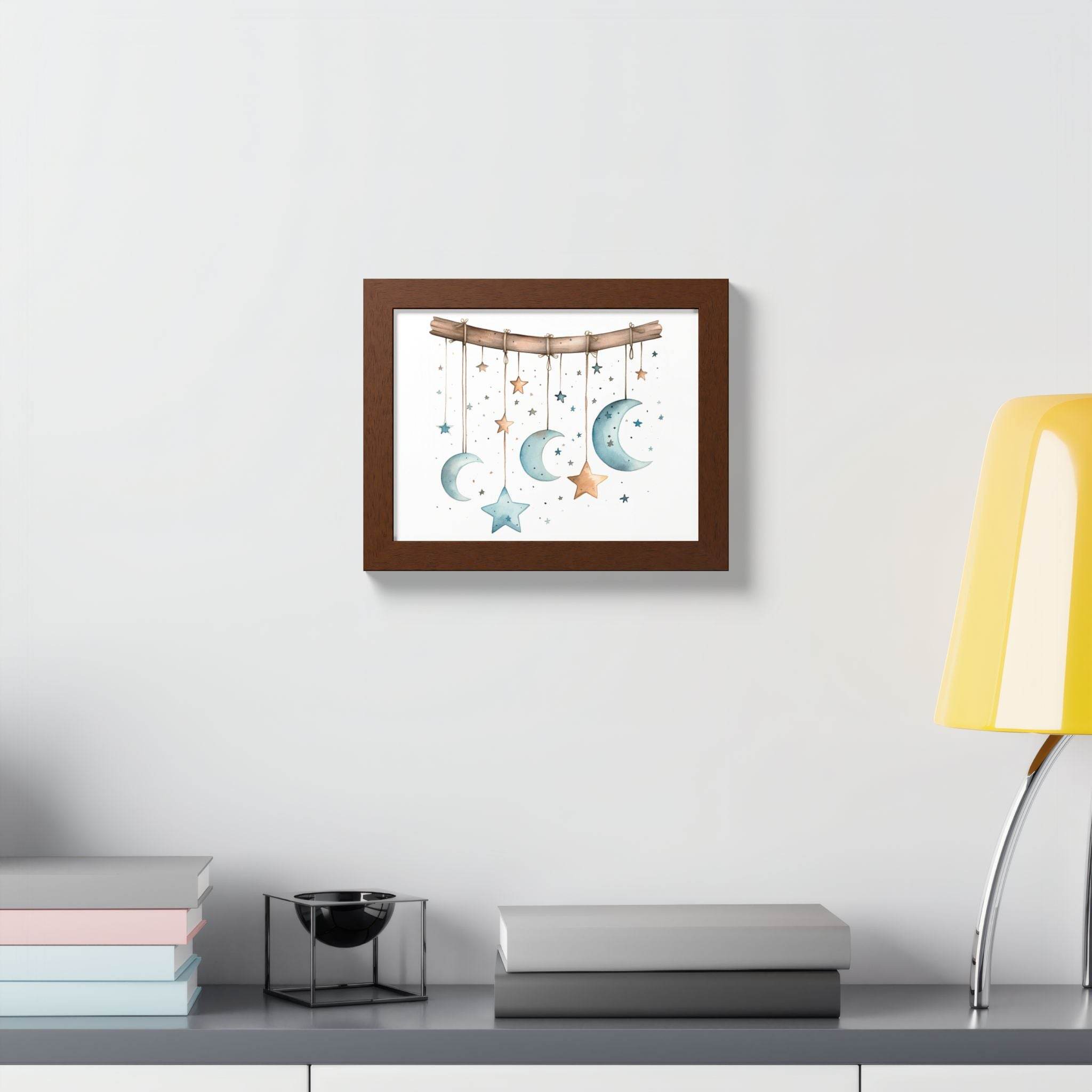 Printify eco-friendly celestial wall art poster with hanging moons and stars in wooden frame on white wall