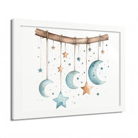Printify eco-friendly celestial wall art poster featuring hanging moons and stars in soft blue and brown tones