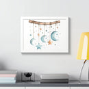 Printify poster featuring eco-friendly celestial wall art with hanging moons and stars in soft colors