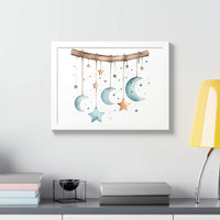 Printify poster featuring eco-friendly celestial wall art with hanging moons and stars in soft colors