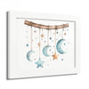 Printify eco-friendly celestial wall art poster featuring hanging moons and stars in soft blues and browns