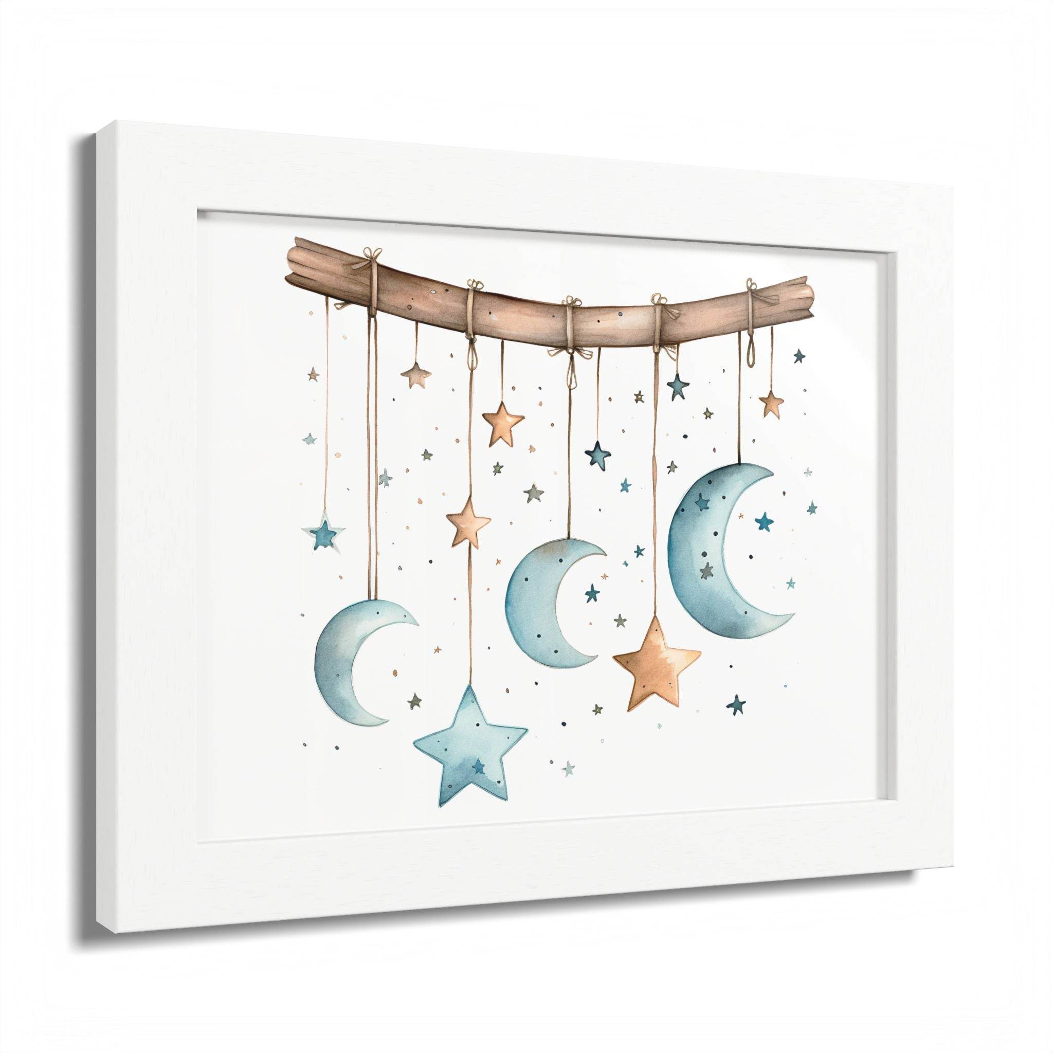Printify eco-friendly celestial wall art poster featuring hanging moons and stars in soft blues and browns
