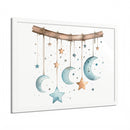 Printify eco-friendly celestial wall art poster featuring hanging stars and crescent moons on white background