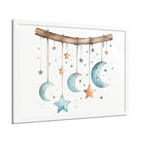Printify eco-friendly celestial wall art poster featuring hanging stars and crescent moons on white background