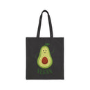 Printify eco-friendly cotton tote bag with cute avocado graphic and vegan text on black background