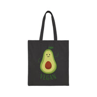 Printify eco-friendly cotton tote bag with cute avocado graphic and vegan text on black background