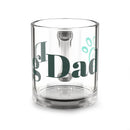 Clear Printify eco-friendly dog dad mug with green text and blue paw print design