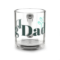 Clear Printify eco-friendly dog dad mug with green text and blue paw print design