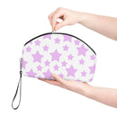 Printify eco-friendly makeup bag with purple star pattern held by hands and black zipper