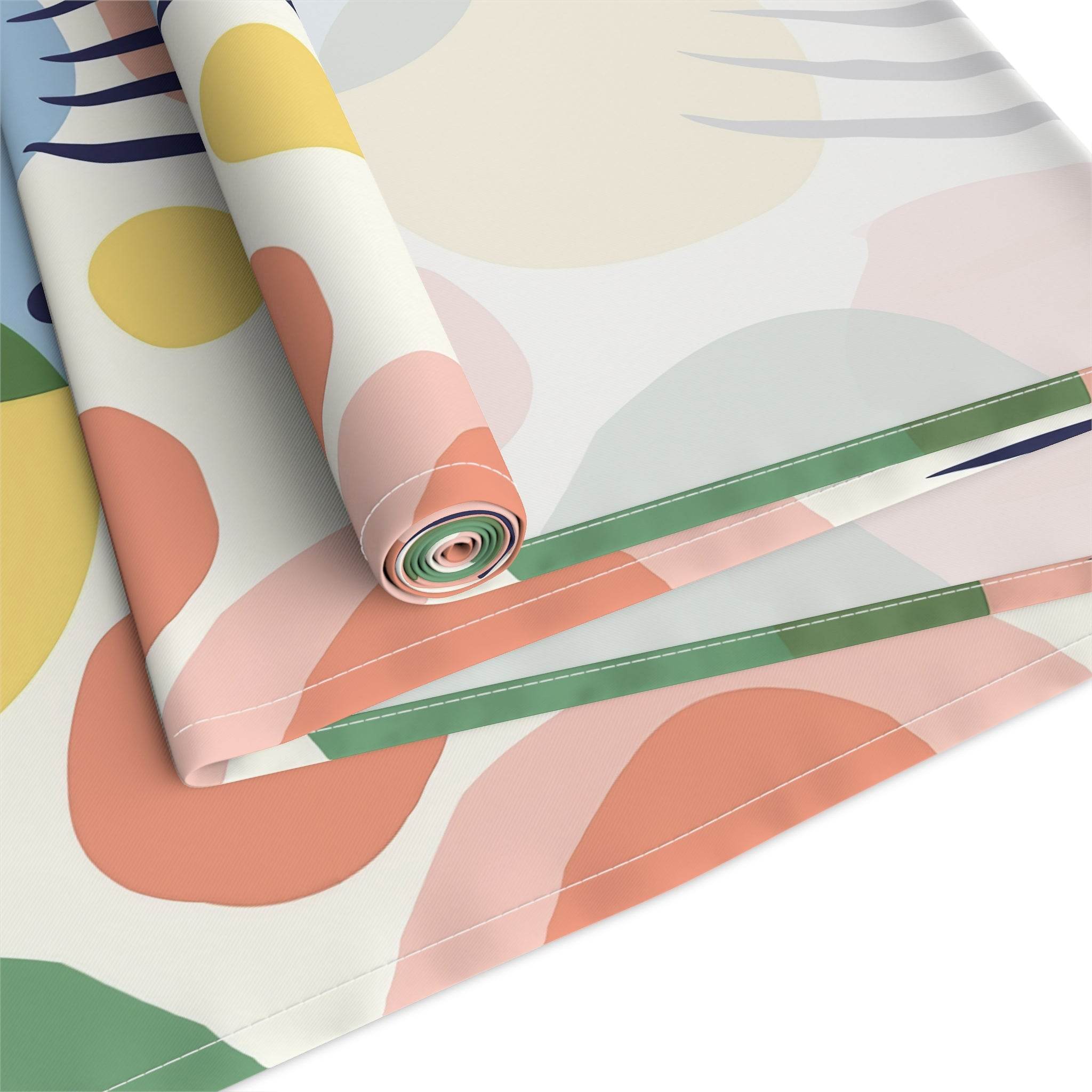 Printify eco-friendly table runner with colorful abstract shapes and green trim for sustainable dining