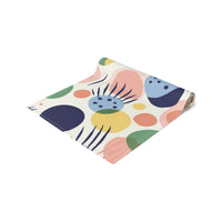 Printify eco-friendly table runner with colorful abstract shapes for sustainable kitchen decor