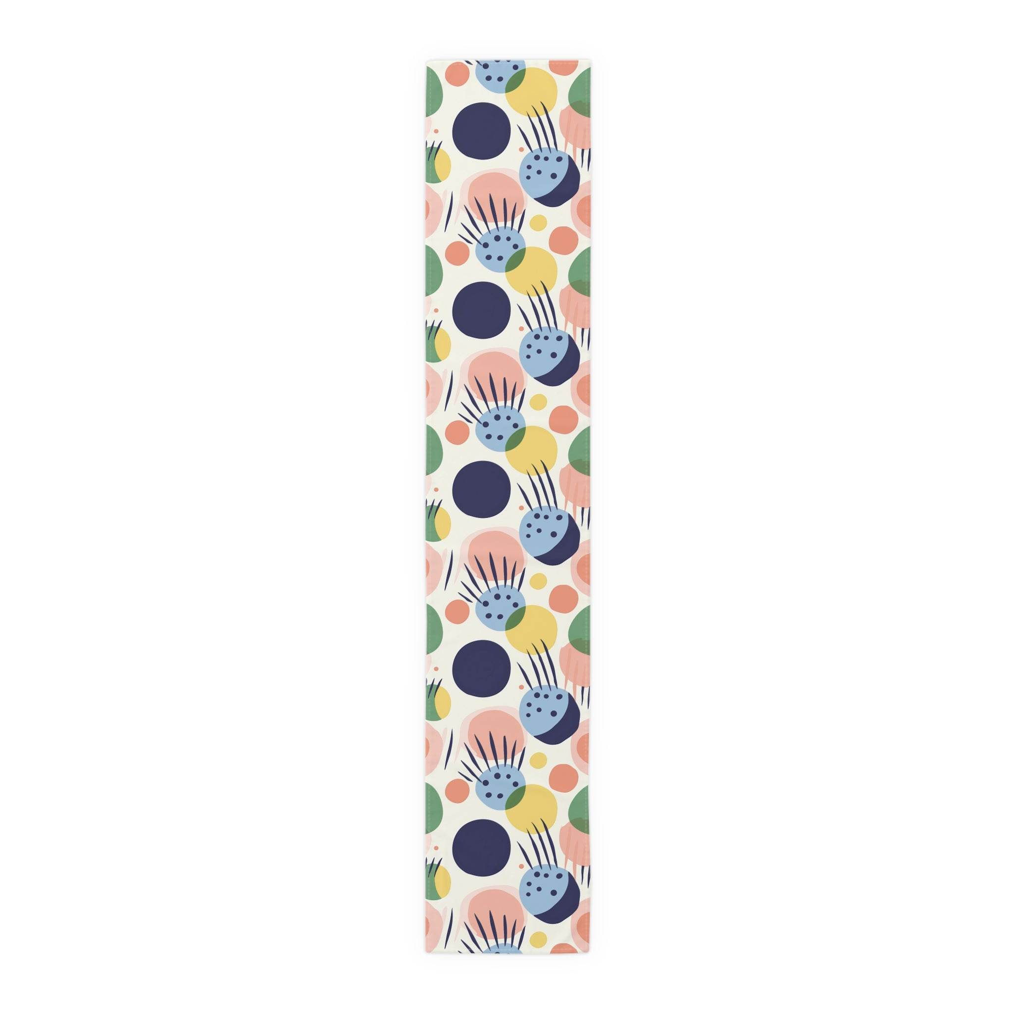 Printify eco-friendly table runner with colorful abstract floral and circle pattern for kitchen accessories