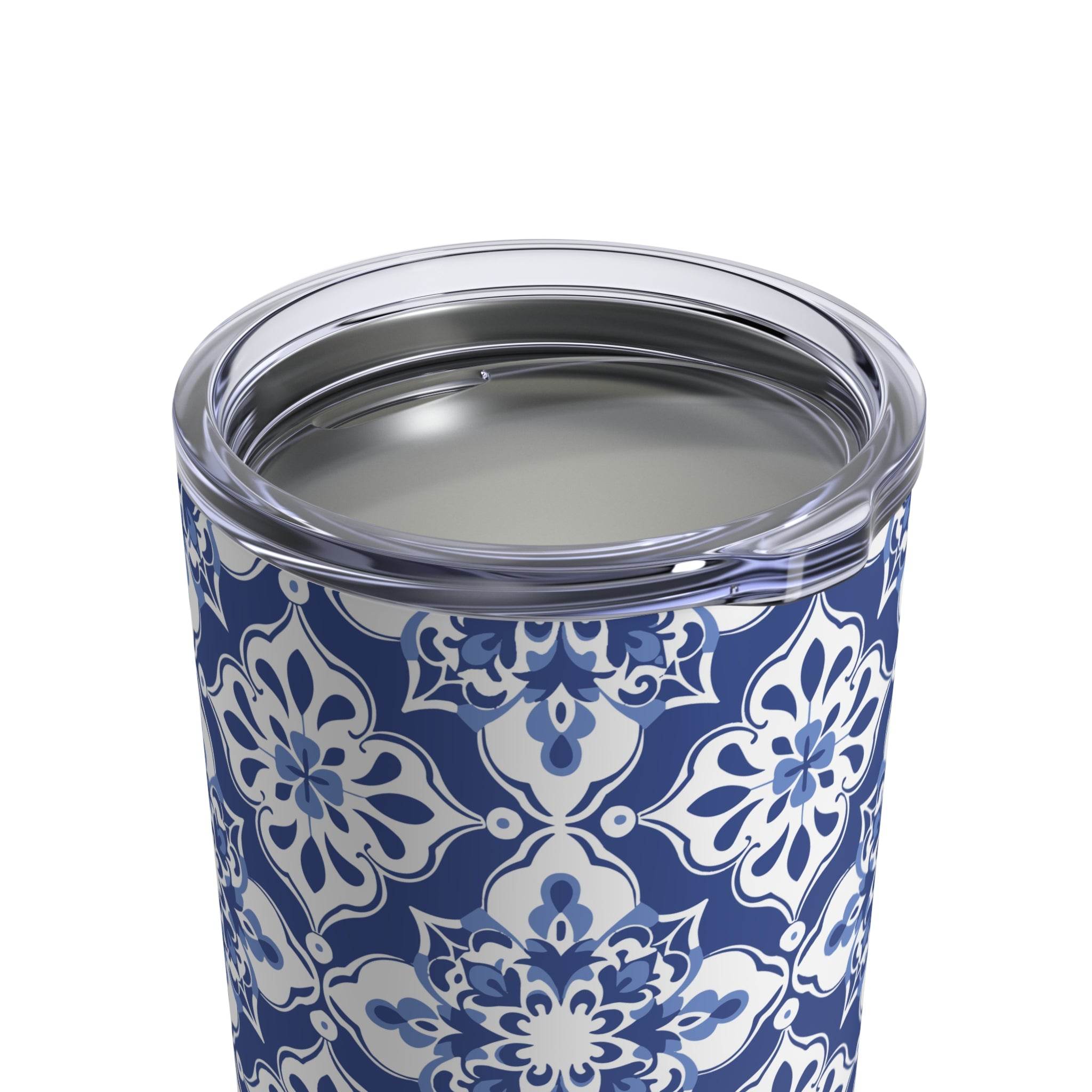 Printify eco-friendly tumbler 10oz with blue and white intricate floral pattern and clear lid