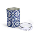 Printify eco-friendly tumbler 10oz with blue and white floral pattern and clear lid