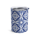 Printify eco-friendly tumbler 10oz with blue and white decorative floral pattern and clear lid