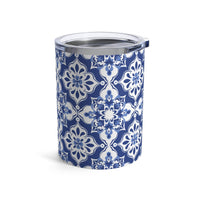 Printify eco-friendly tumbler 10oz with blue and white decorative floral pattern and clear lid