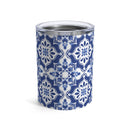 Printify eco-friendly tumbler 10oz with blue and white floral geometric pattern stainless steel