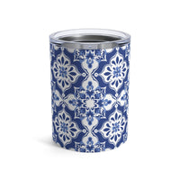 Printify eco-friendly tumbler 10oz with blue and white floral geometric pattern stainless steel