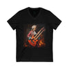 Printify black eco-friendly unisex v-neck tee with graphic of 18th century musician playing double-neck guitar