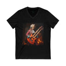Printify black eco-friendly unisex v-neck tee with graphic of 18th century musician playing double-neck guitar