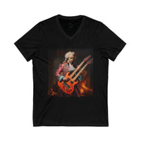 Printify black eco-friendly unisex v-neck tee with graphic of 18th century musician playing double-neck guitar