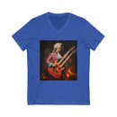 Printify blue eco-friendly unisex v-neck tee featuring a graphic of a classical musician with a double neck electric guitar