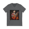 Printify eco-friendly unisex v-neck tee in gray with graphic of classical musician playing double neck guitar