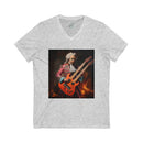 Printify eco-friendly unisex v-neck tee in light gray with graphic of a classical musician playing a double-neck electric guitar