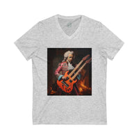 Printify eco-friendly unisex v-neck tee in light gray with graphic of a classical musician playing a double-neck electric guitar