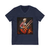 Navy Printify eco-friendly unisex v-neck tee with artwork of a musician playing double-neck guitar