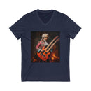 Navy Printify eco-friendly unisex v-neck tee with artwork of a musician playing double-neck guitar