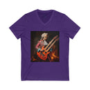 Purple Printify eco-friendly unisex v-neck tee with graphic of musician playing double neck guitar