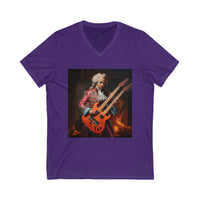 Purple Printify eco-friendly unisex v-neck tee with graphic of musician playing double neck guitar