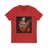 Red eco-friendly unisex v-neck tee featuring a graphic of a classical musician playing a double-neck electric guitar