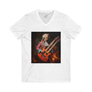 White Printify eco-friendly unisex v-neck tee featuring a graphic of a classical musician with an electric guitar