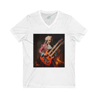 White Printify eco-friendly unisex v-neck tee featuring a graphic of a classical musician with an electric guitar