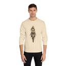 Environmentally friendly long sleeve tee featuring a powerful character graphic on a cream background