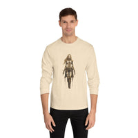Environmentally friendly long sleeve tee featuring a powerful character graphic on a cream background