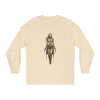 Environmentally friendly long sleeve tee featuring a warrior graphic design for a bold style