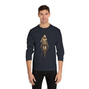 Men's model wearing an environmentally friendly long sleeve tee featuring a stylish graphic design