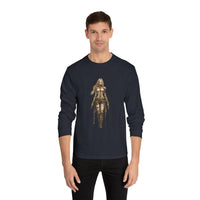Men's model wearing an environmentally friendly long sleeve tee featuring a stylish graphic design