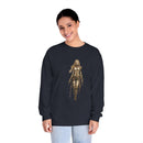 Eco-friendly design of a woman in armor on an environmentally friendly long sleeve tee