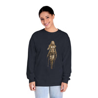 Eco-friendly design of a woman in armor on an environmentally friendly long sleeve tee